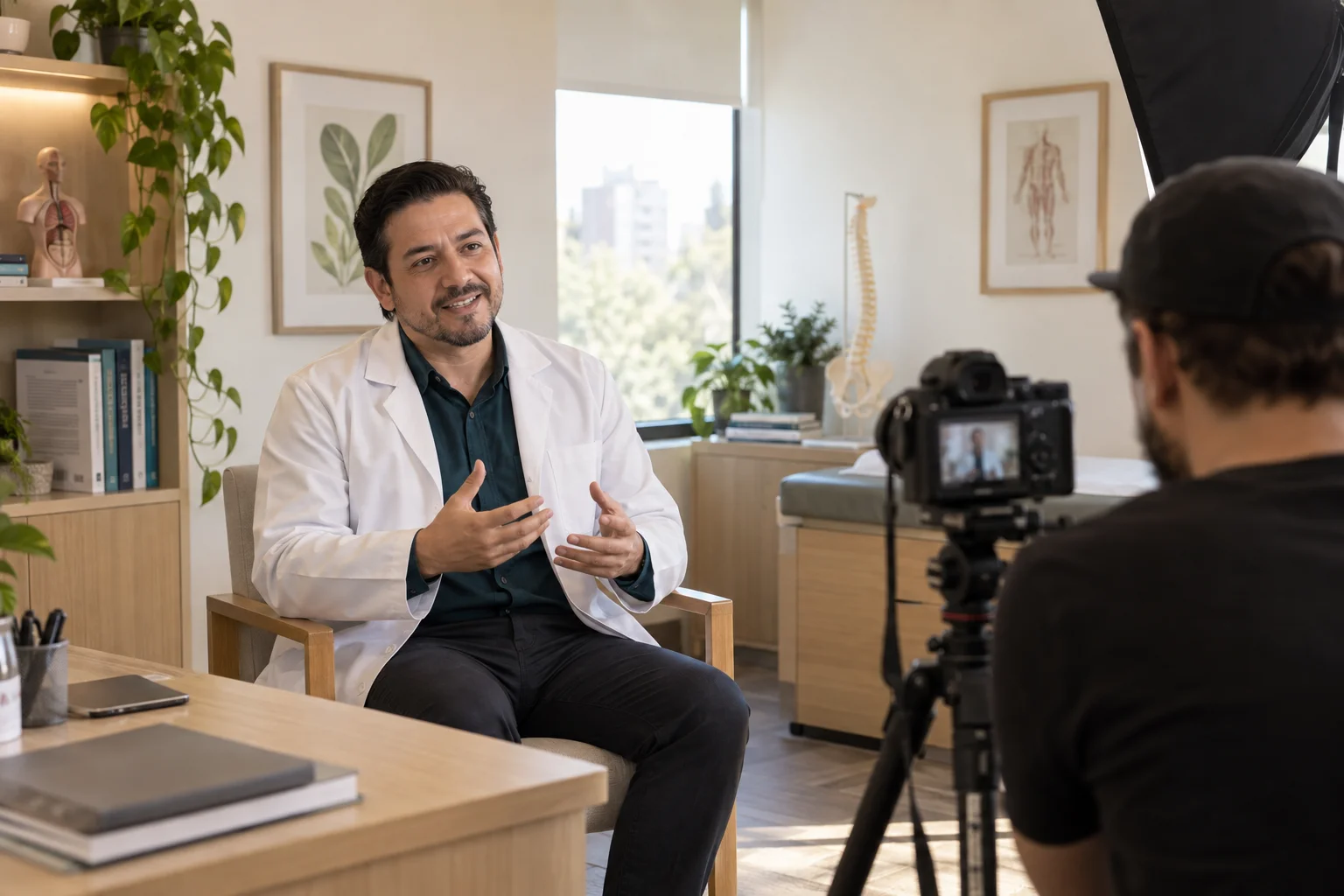 Escena ilustrativa de un médico grabando contenido educativo en su consultorio